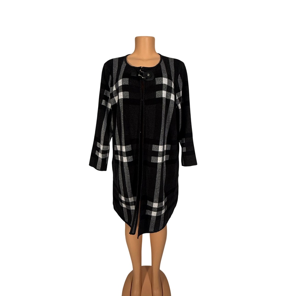 Anne Klein Cardigan Sweater Women XL Black White Excellent Plaid Buckle Front